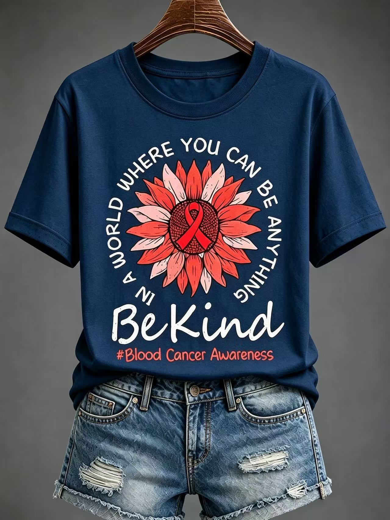 Sunflower Red Ribbon Letter Print Women's V-Neck Short Sleeve T-Shirt