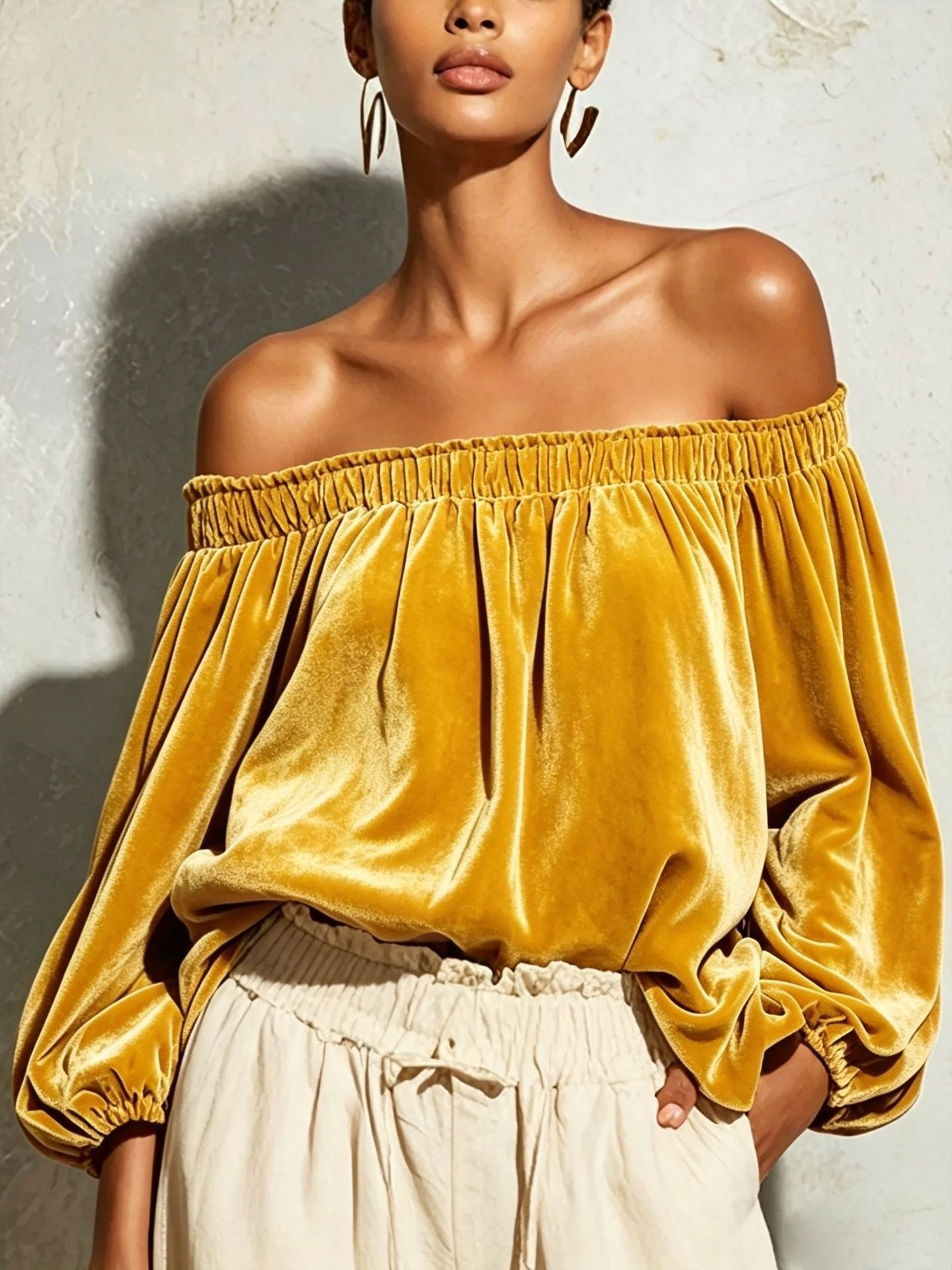 Velvet Off-Shoulder Top with Lantern Sleeves