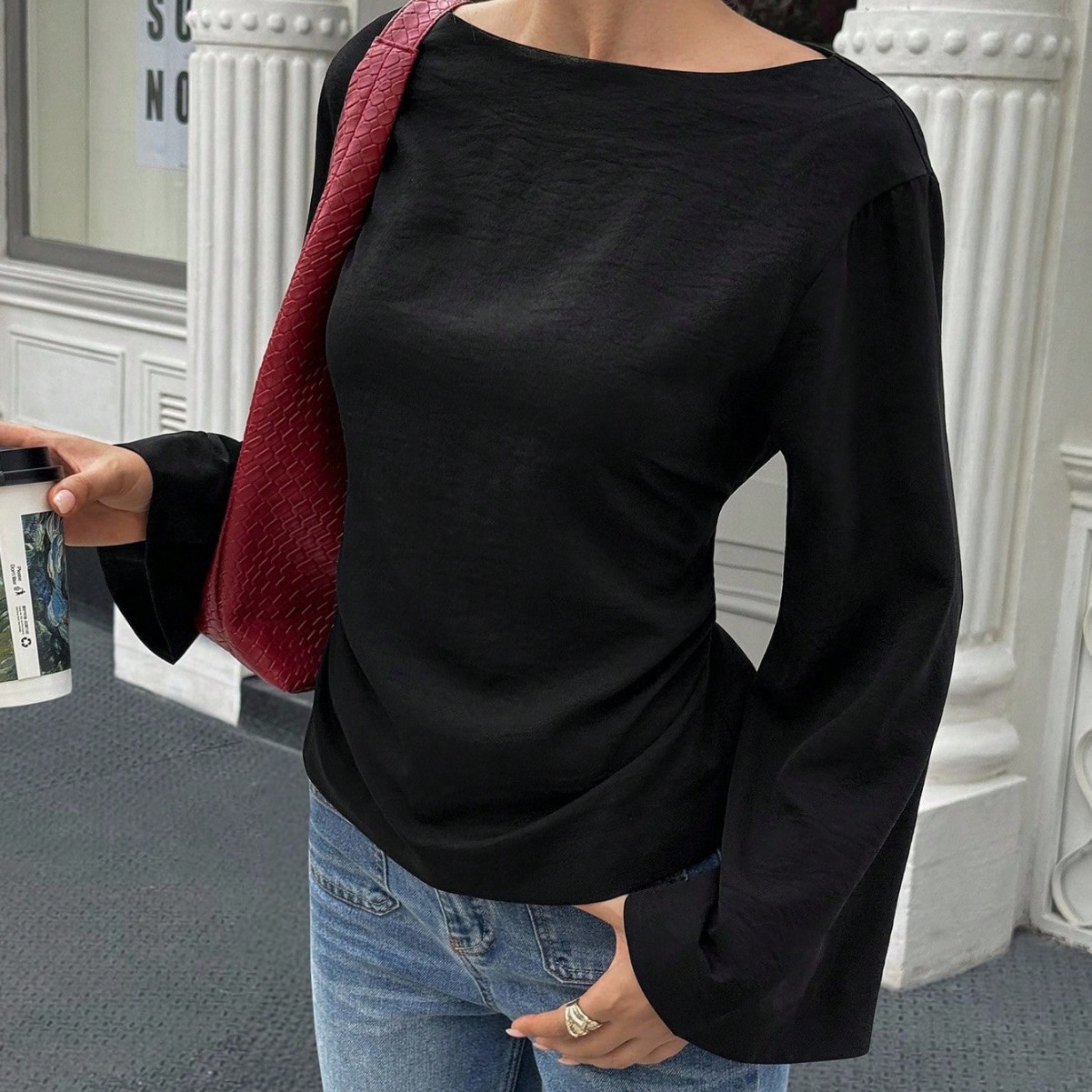 Solid Color Boat Neck Cinched Waist Flare Sleeve Long Sleeve Top