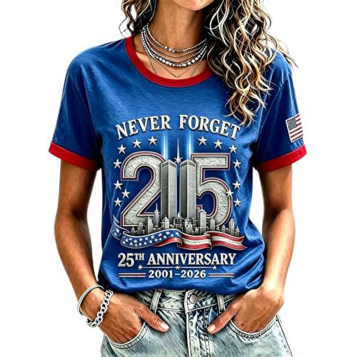 911 Twin Towers Ribbon Flag Print Short Sleeve T-Shirt