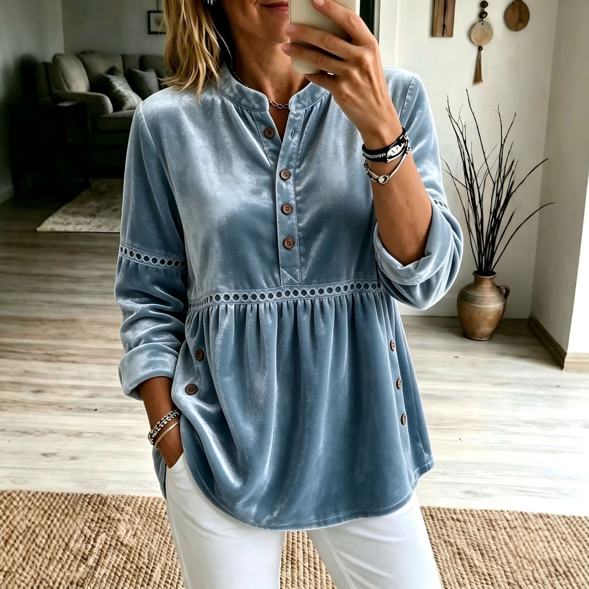 Gold Velvet Stand Collar Half-Button Long Sleeve Loose Casual Top