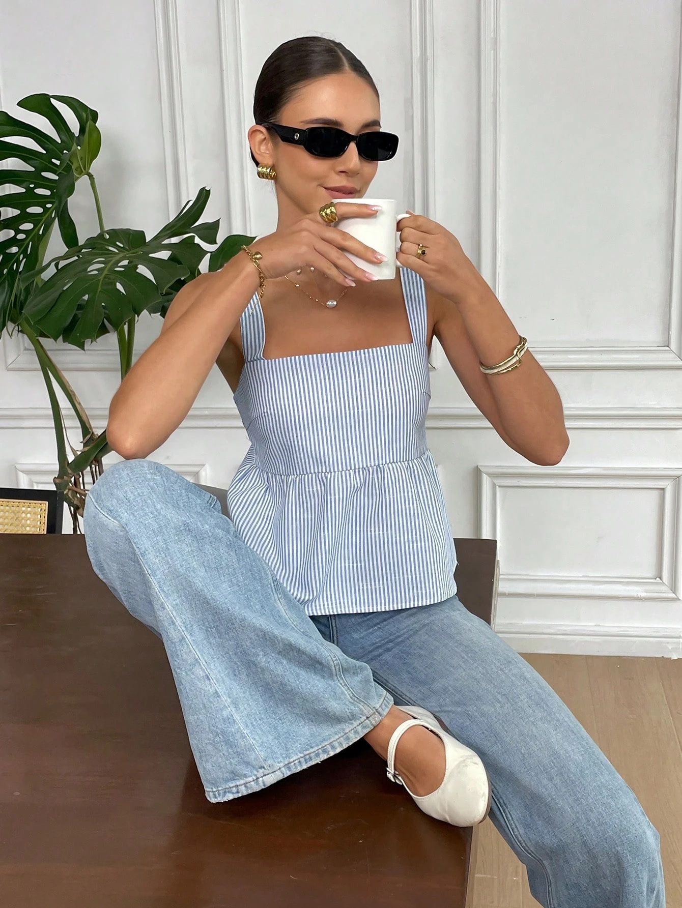 Striped Print Tie-Shoulder Cami Top Square Neck Backless Slim Fit