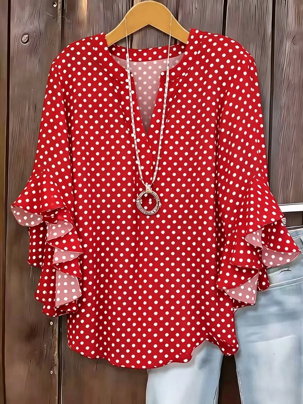 Polka Dot Print V-Neck Half-Sleeve Women's T-Shirt