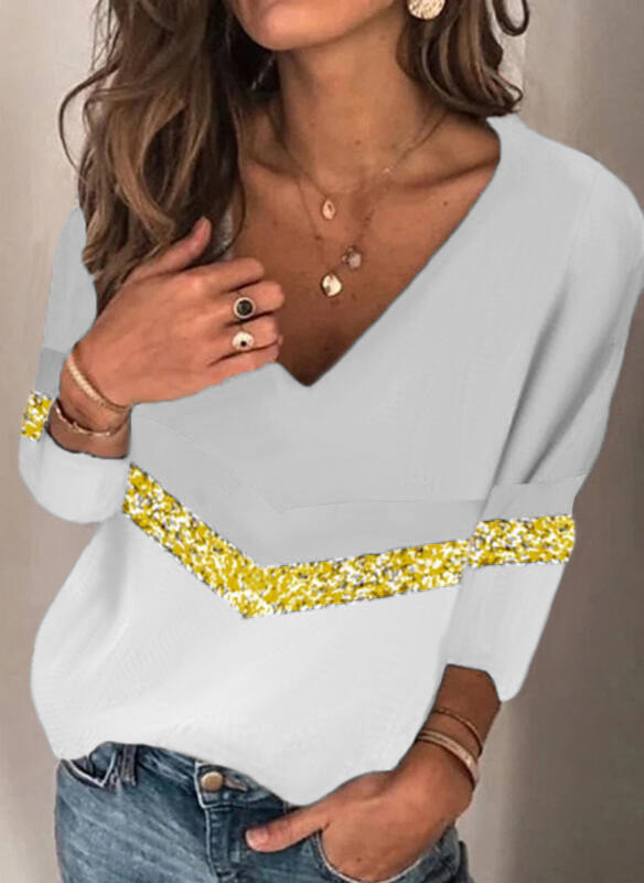 Women's Loose Fit Printed V-Neck Long Sleeve T-Shirt