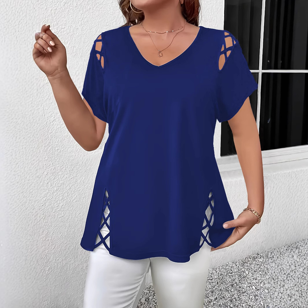 Women's Solid V-Neck Cross-Shoulder Short-Sleeve Loose T-Shirt