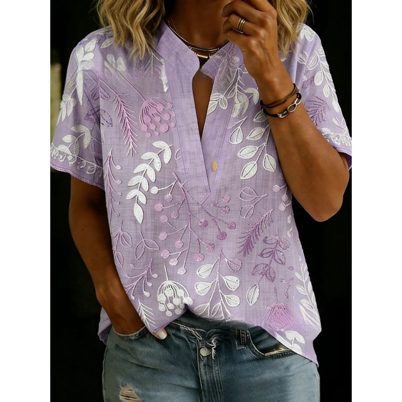 Floral Leaf Print Short Sleeve Button-Up Top
