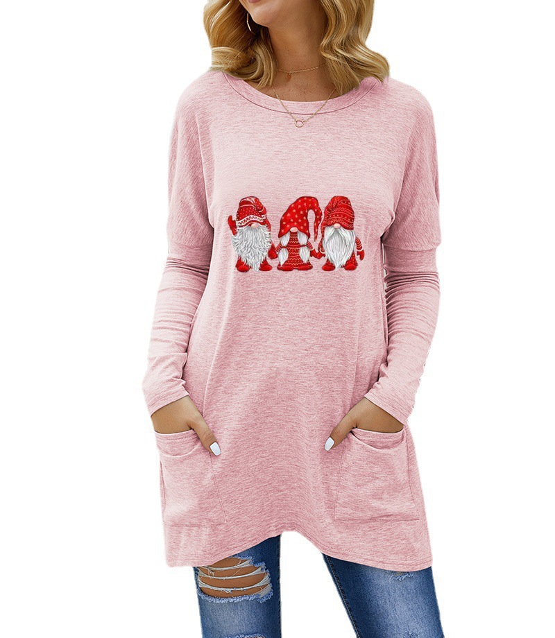 Santa Print Loose Long-Sleeve T-Shirt for Women