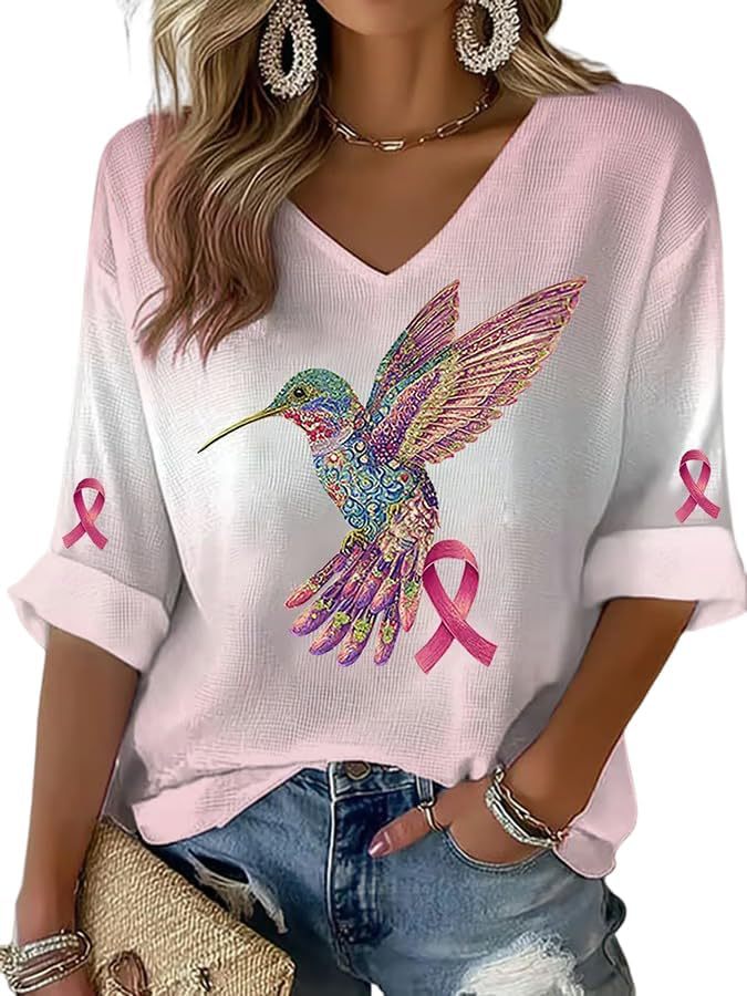 Women's Bird Sparrow Ribbon Print V-Neck Half-Sleeve T-Shirt