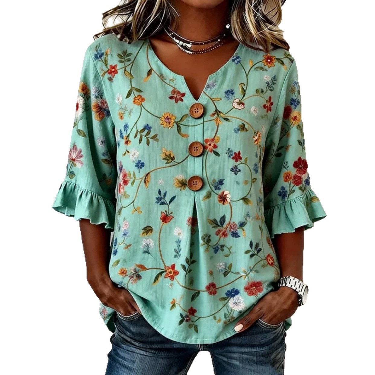 Women's Floral Print V-Neck Petal Sleeve Top