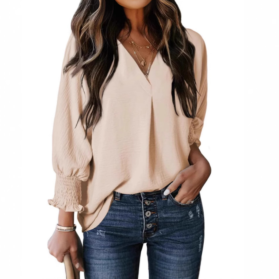 Women's V-Neck Long Sleeve Loose Blouse Top