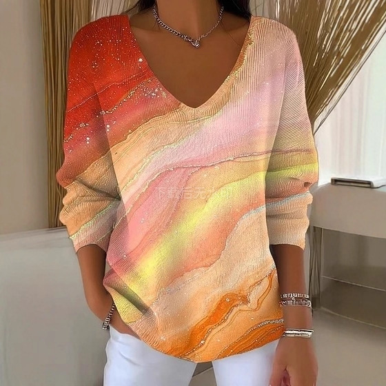 Colorful Leaf Striped V-Neck Long-Sleeve T-Shirt for Women