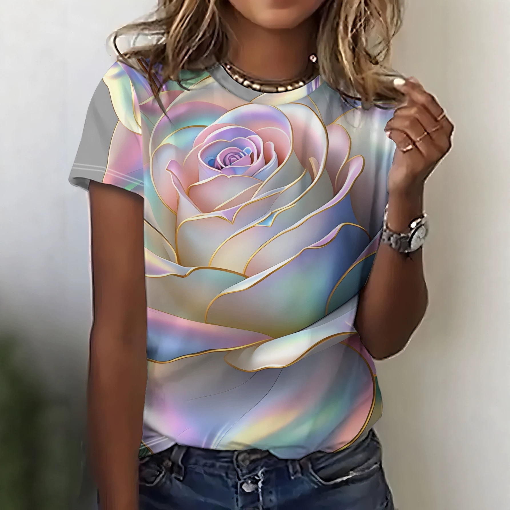 Women's Summer Crewneck Short Sleeve T-Shirt with Independence Day Print, Loose Fit