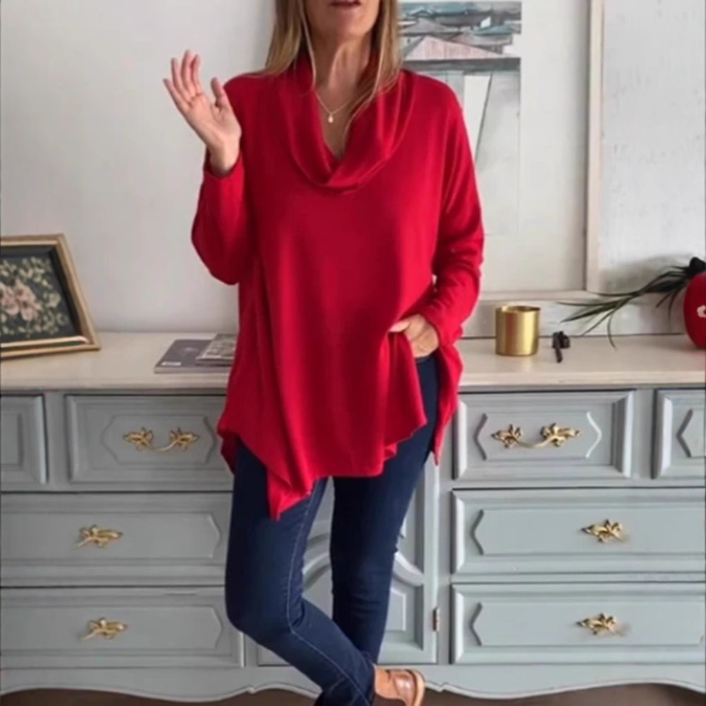 Women's Solid Color Cowl Neck Long Sleeve Top