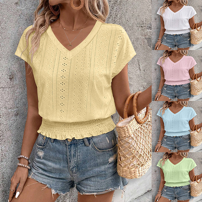 Women's V-Neck Short Sleeve T-Shirt with Court Lock Jacquard and Ruffle Trim