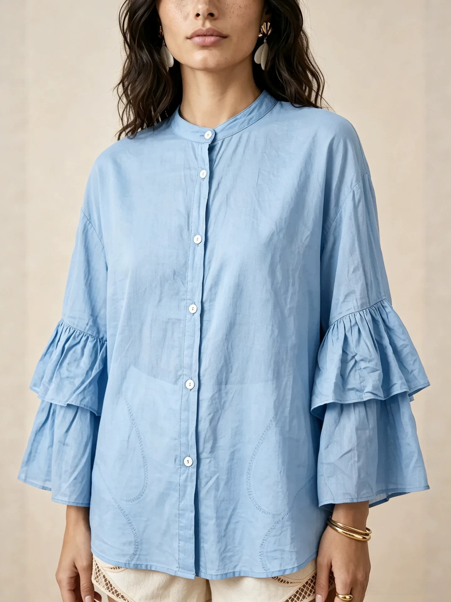 Women's Solid Color Stand Collar Button Double-Layer Bell Sleeve Loose Casual Shirt
