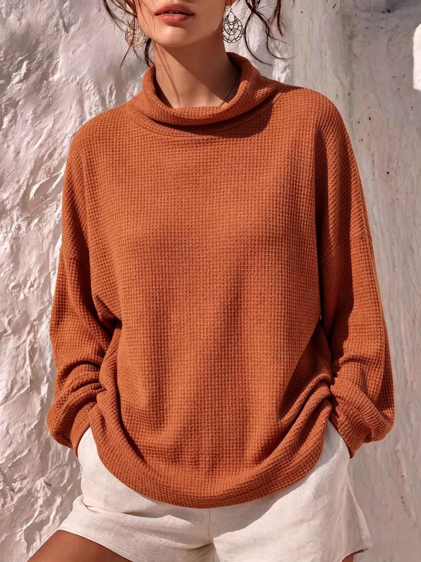 Waffle Knit Loose Long Sleeve Stand Collar Casual Top