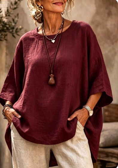 Women's Loose Round Neck Solid Cotton Linen 3/4 Sleeve Top