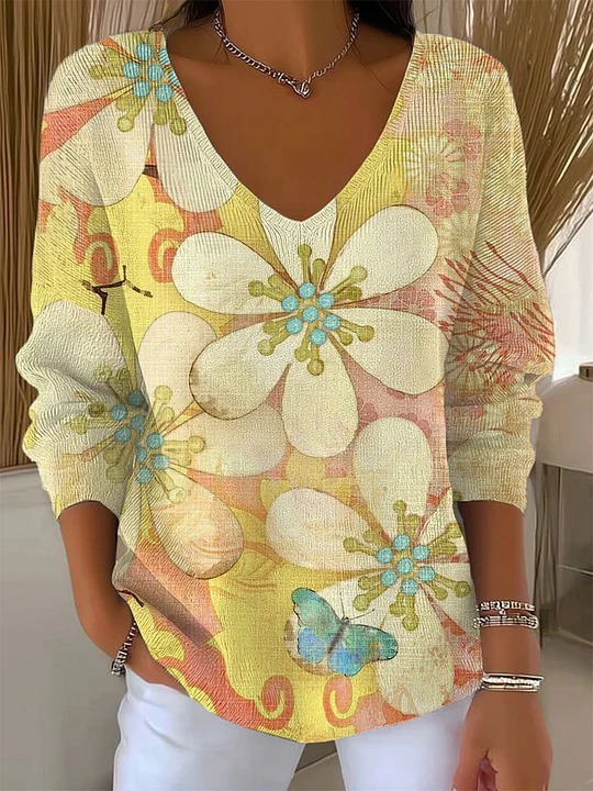 Dinosaur Floral Plaid V-Neck Long-Sleeve T-Shirt