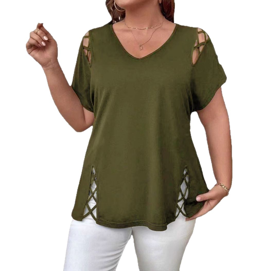 Women's Plus Size Solid Cross-Strap V-Neck Short Sleeve T-Shirt