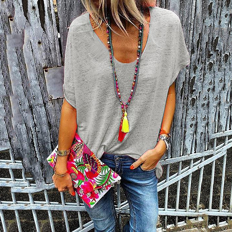Candy Color V-Neck Short Sleeve T-Shirt for Women