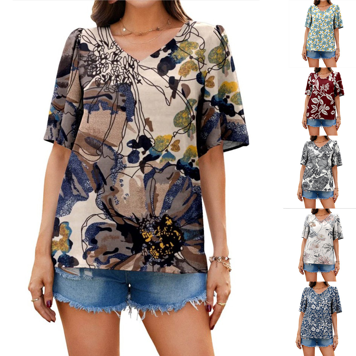 Women's Loose V-Neck Ruffle Sleeve Casual Top
