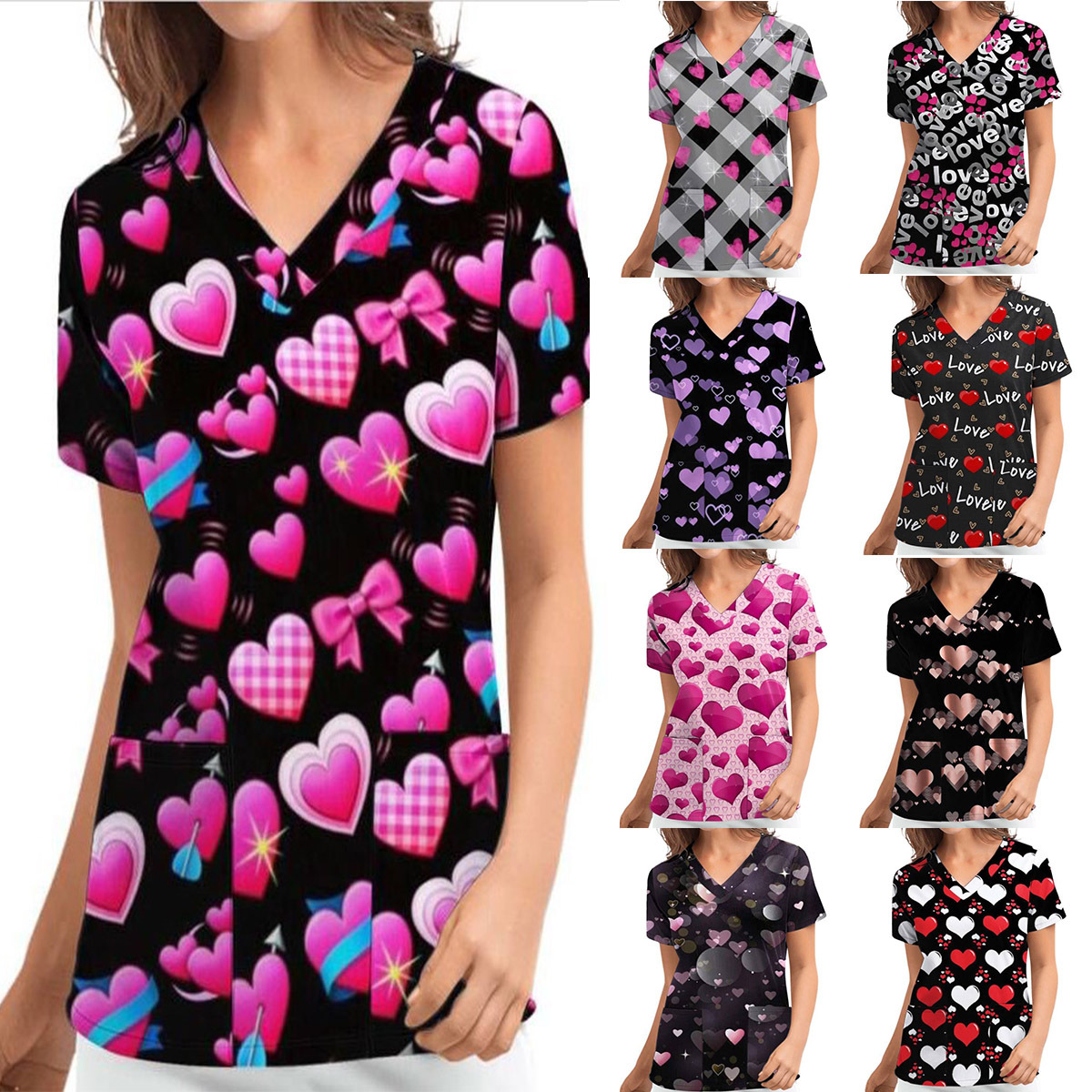 Digital Print Heart Short Sleeve Scrub Top V-Neck Loose Fit