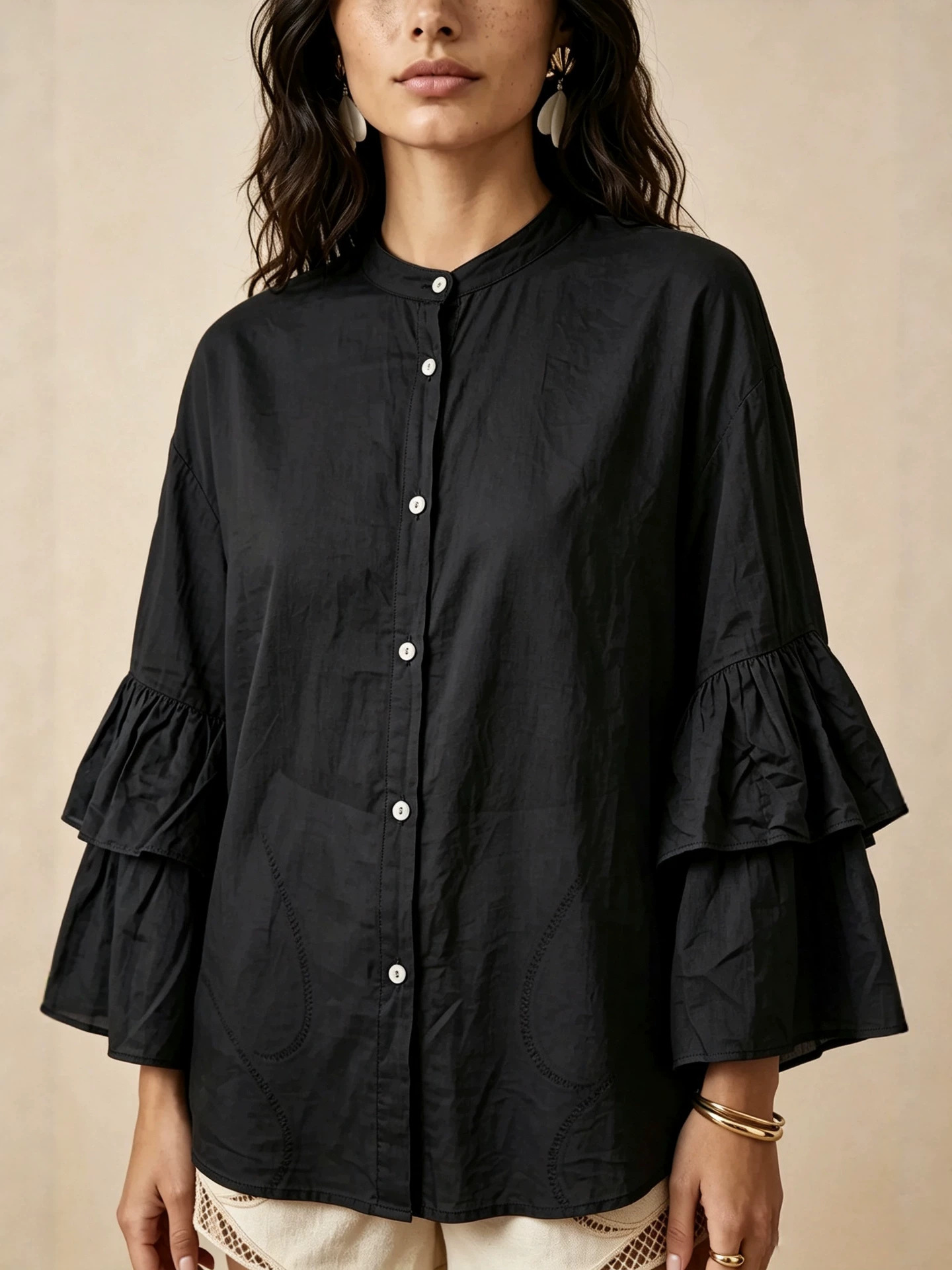 Women's Solid Color Stand Collar Button Double-Layer Bell Sleeve Loose Casual Shirt