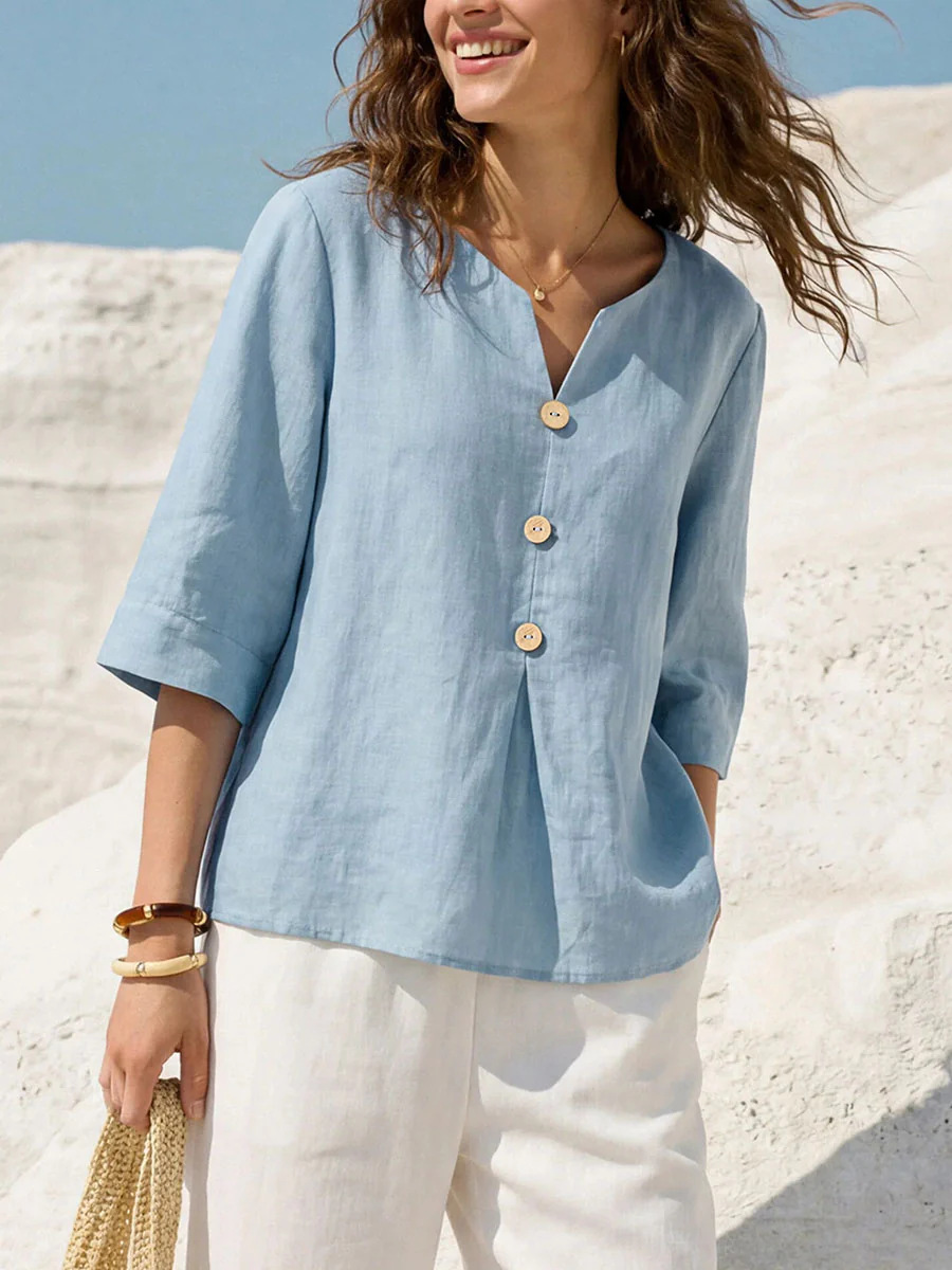 Women's Solid Color Cotton-Linen V-Neck Button T-Shirt Casual Loose Fit