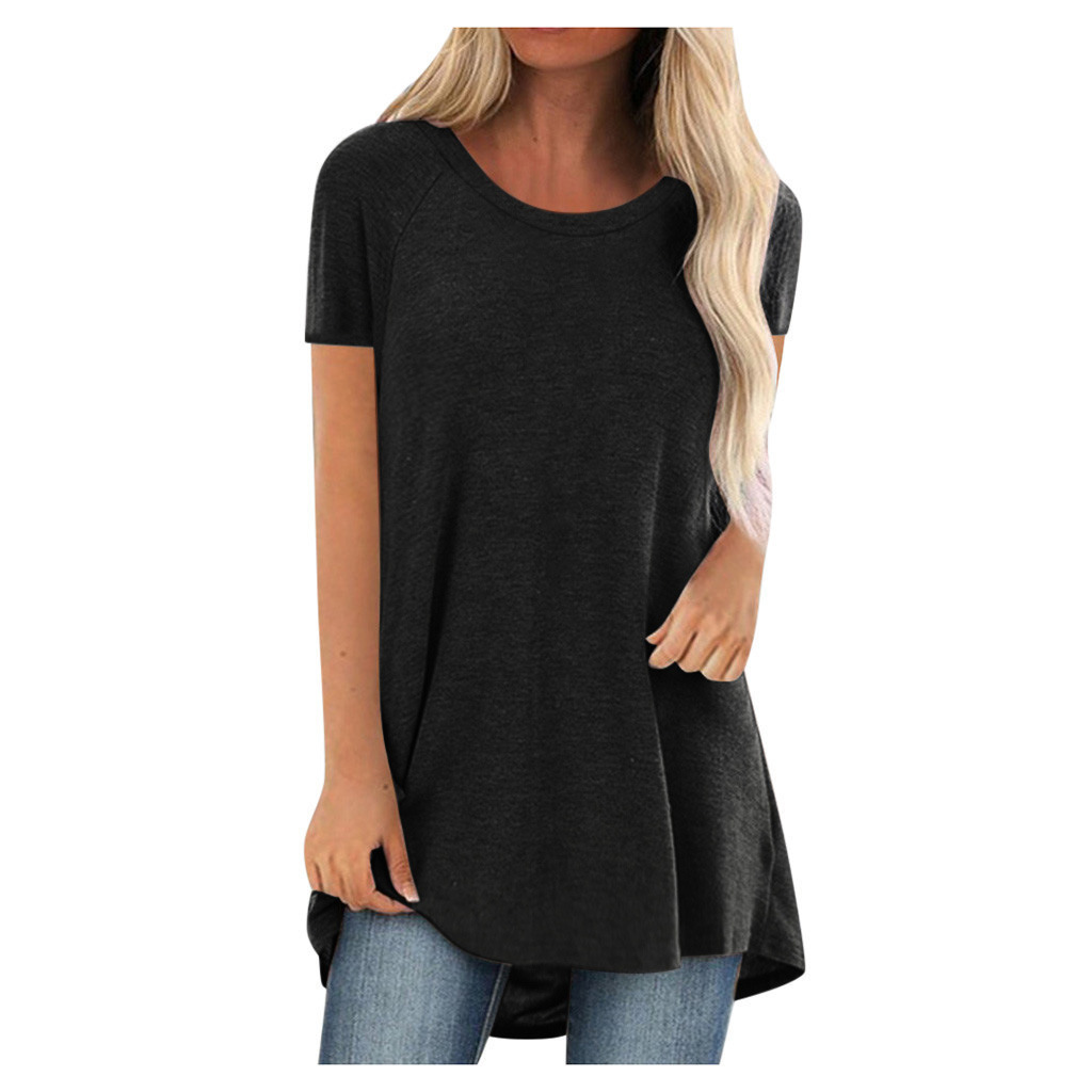 Solid Color Crewneck Loose Short-Sleeve Pullover T-Shirt Midi Length