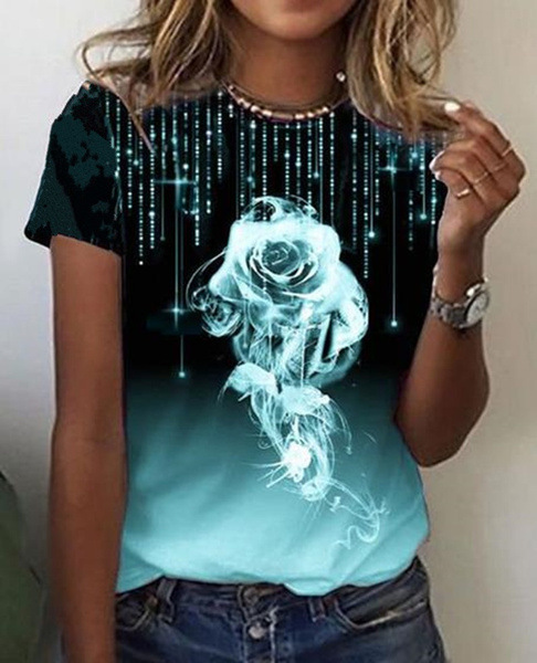 Women's Rose Print Short Sleeve Crew Neck T-Shirt