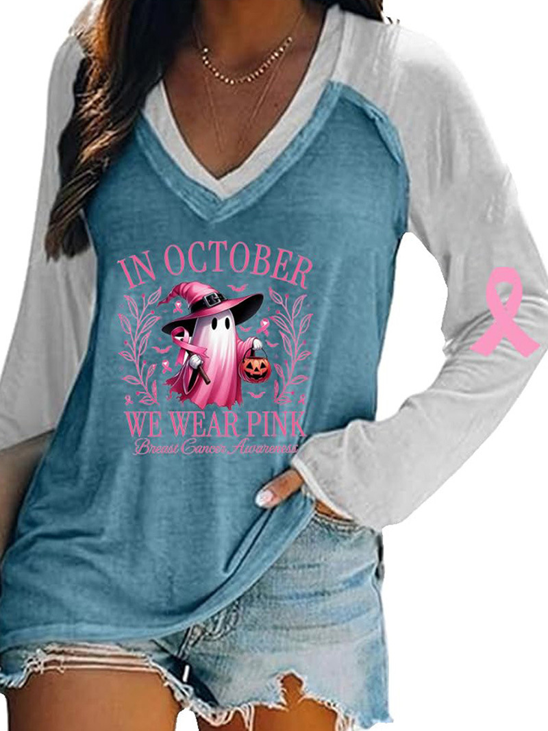 Women's V-Neck Long-Sleeve Halloween Pumpkin Ghost Ribbon Print T-Shirt