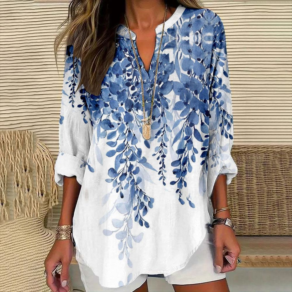 Floral Print V-Neck Long Sleeve T-Shirt for Women
