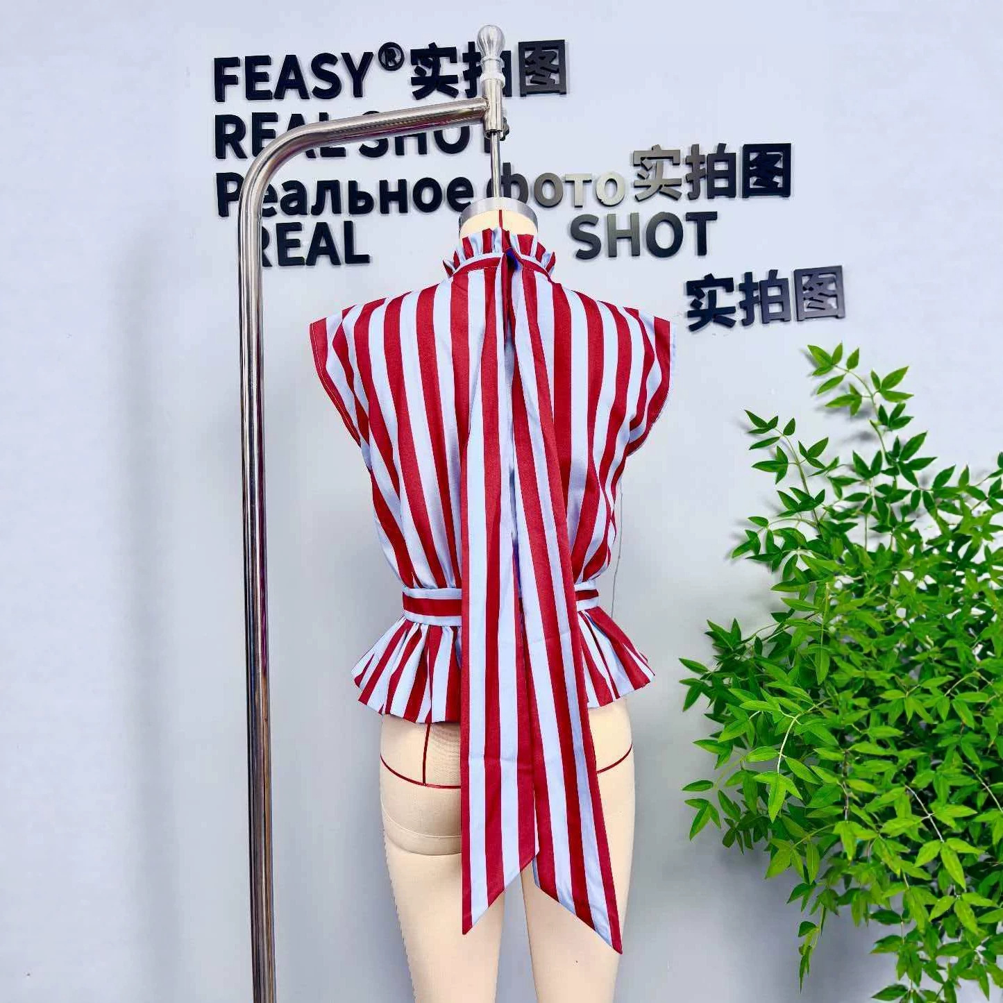 High Neck Tie Striped Shirt Short Sleeve