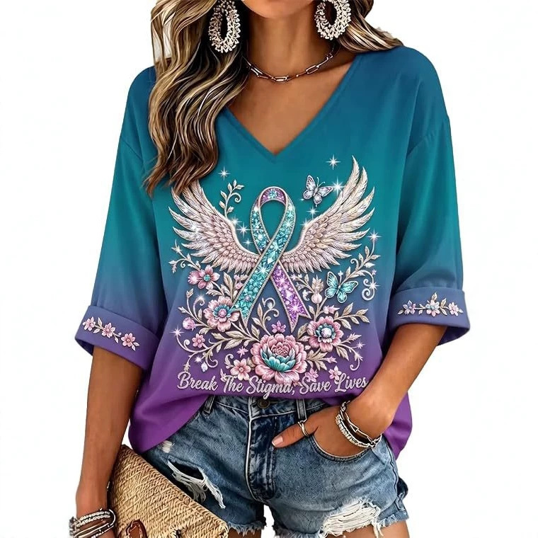 Floral Ribbon Print V-Neck Long Sleeve T-Shirt