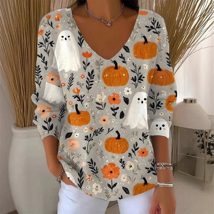 Women's V-Neck Long-Sleeve Cat Floral Pumpkin Print T-Shirt