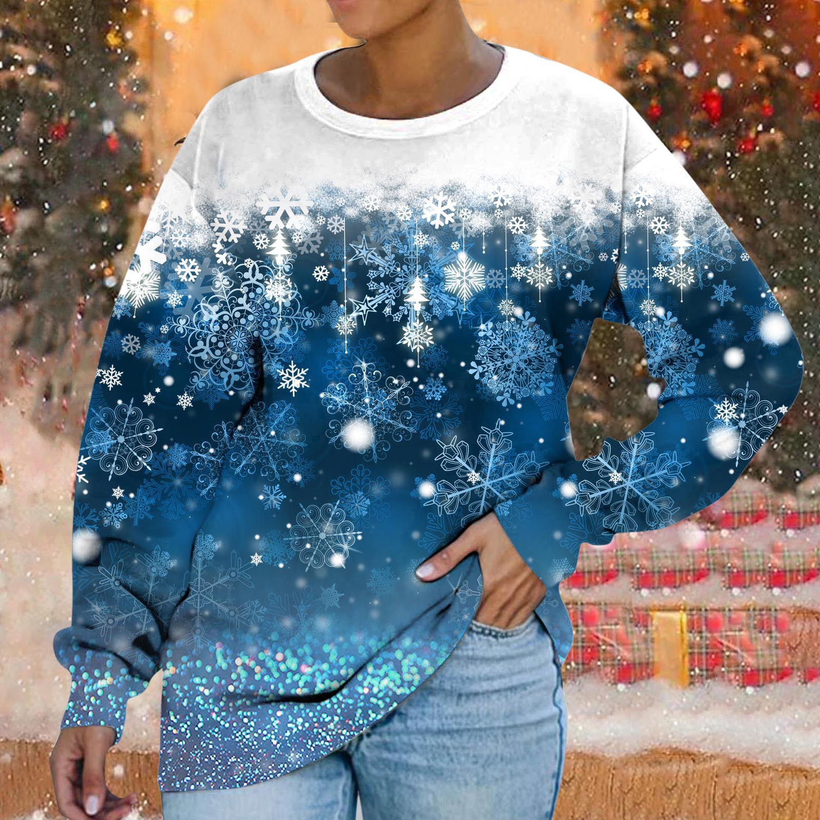 Christmas Snowflake Print Loose Crewneck Sweatshirt