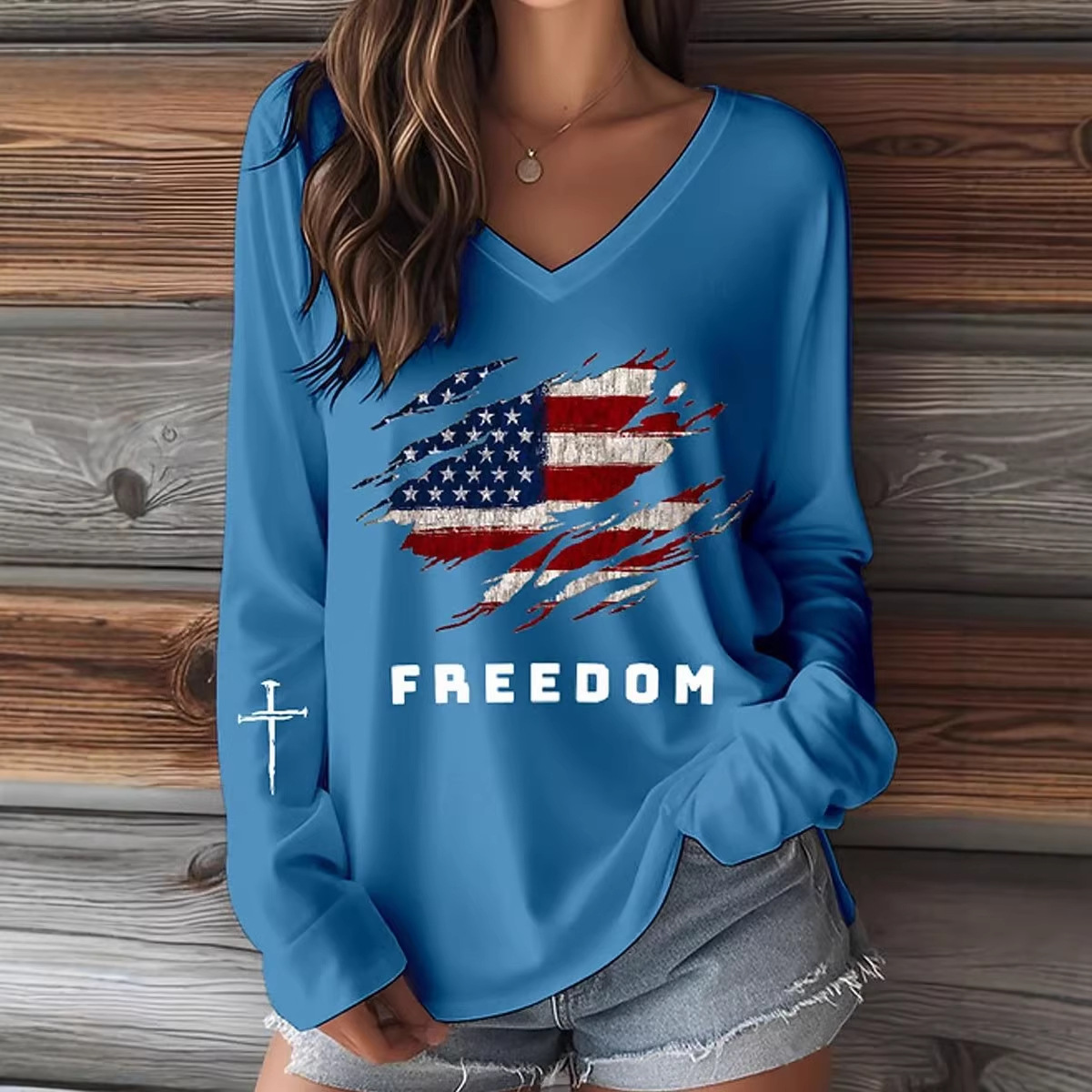 Cross Flag Freedom Print V-Neck Short Sleeve Women's T-Shirt