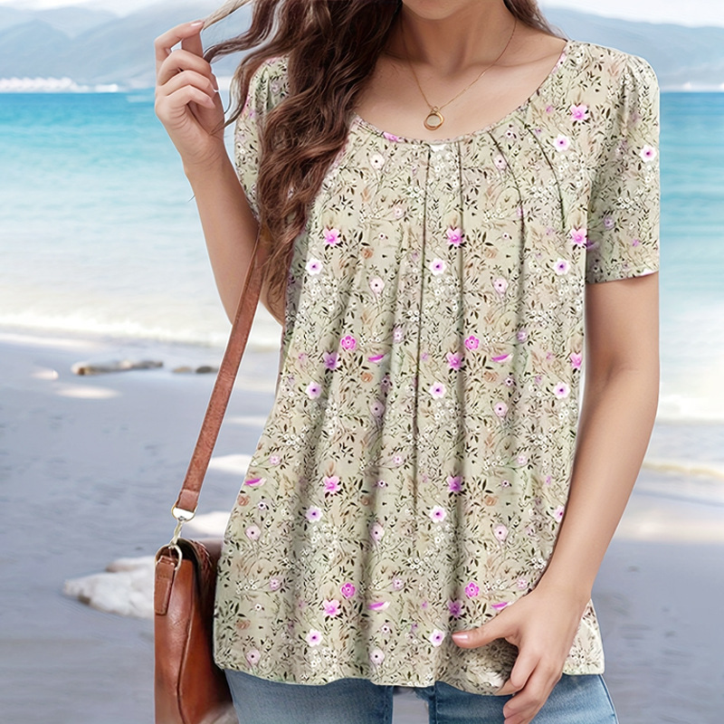 Elegant Floral Print Short Sleeve T-Shirt Puff Sleeve Round Neck