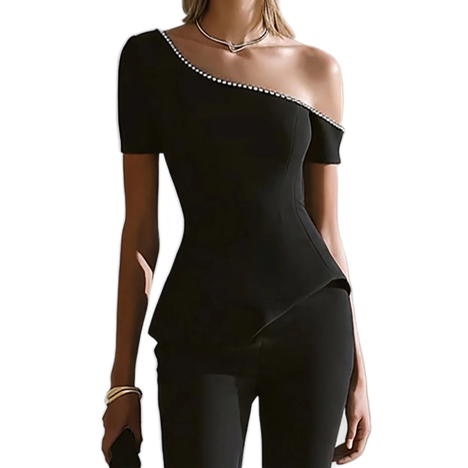 Black One-Shoulder Sleeveless Studded Mini Flare Pants Two-Piece Set