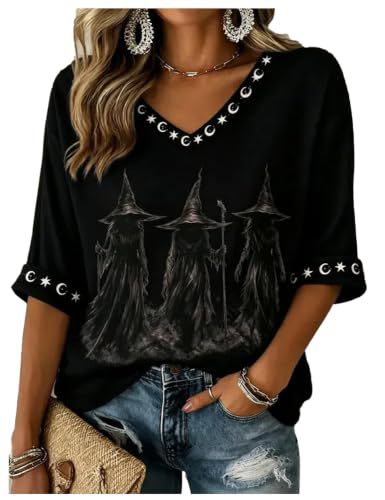 Halloween Witch Print V-Neck Half-Sleeve Women's T-Shirt
