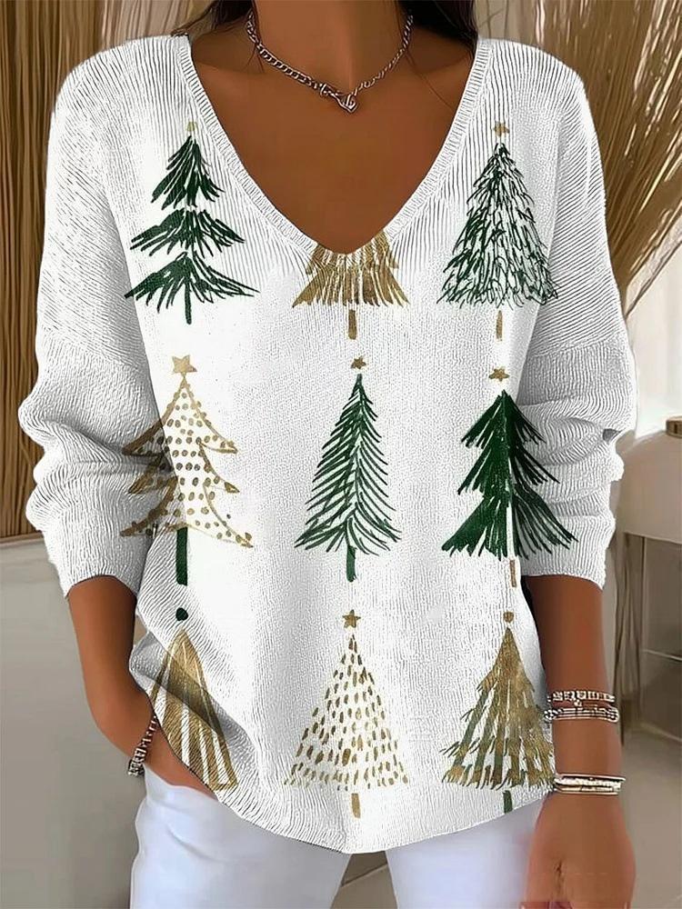 Halloween Plant & Tree Print V-Neck Long-Sleeve T-Shirt for Women