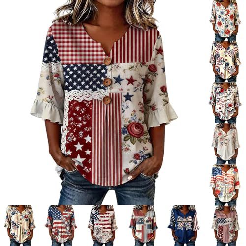 Summer American Firework Print Half-Sleeve Button Top