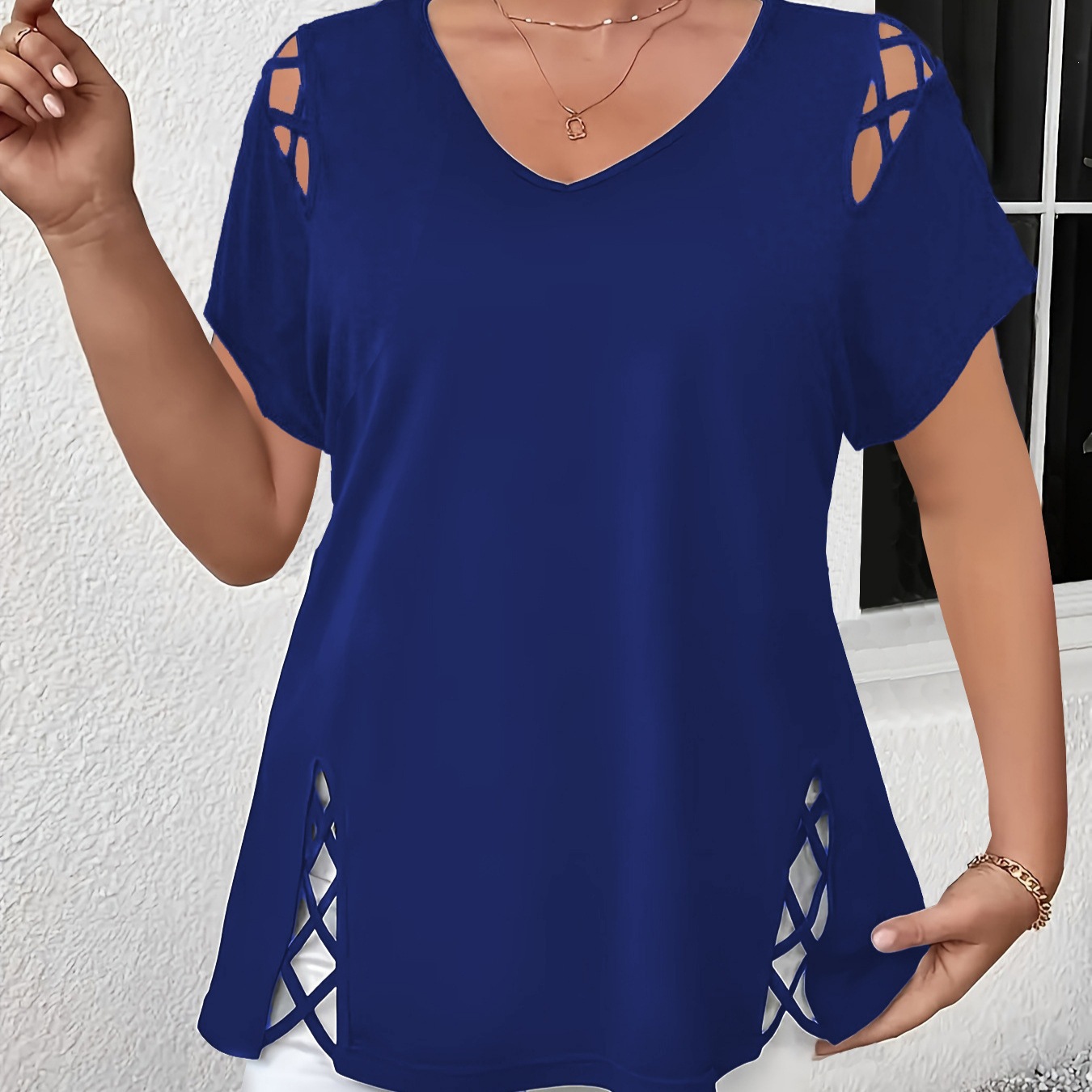 Women's Solid Short Sleeve Cross-Strap Detail T-Shirt