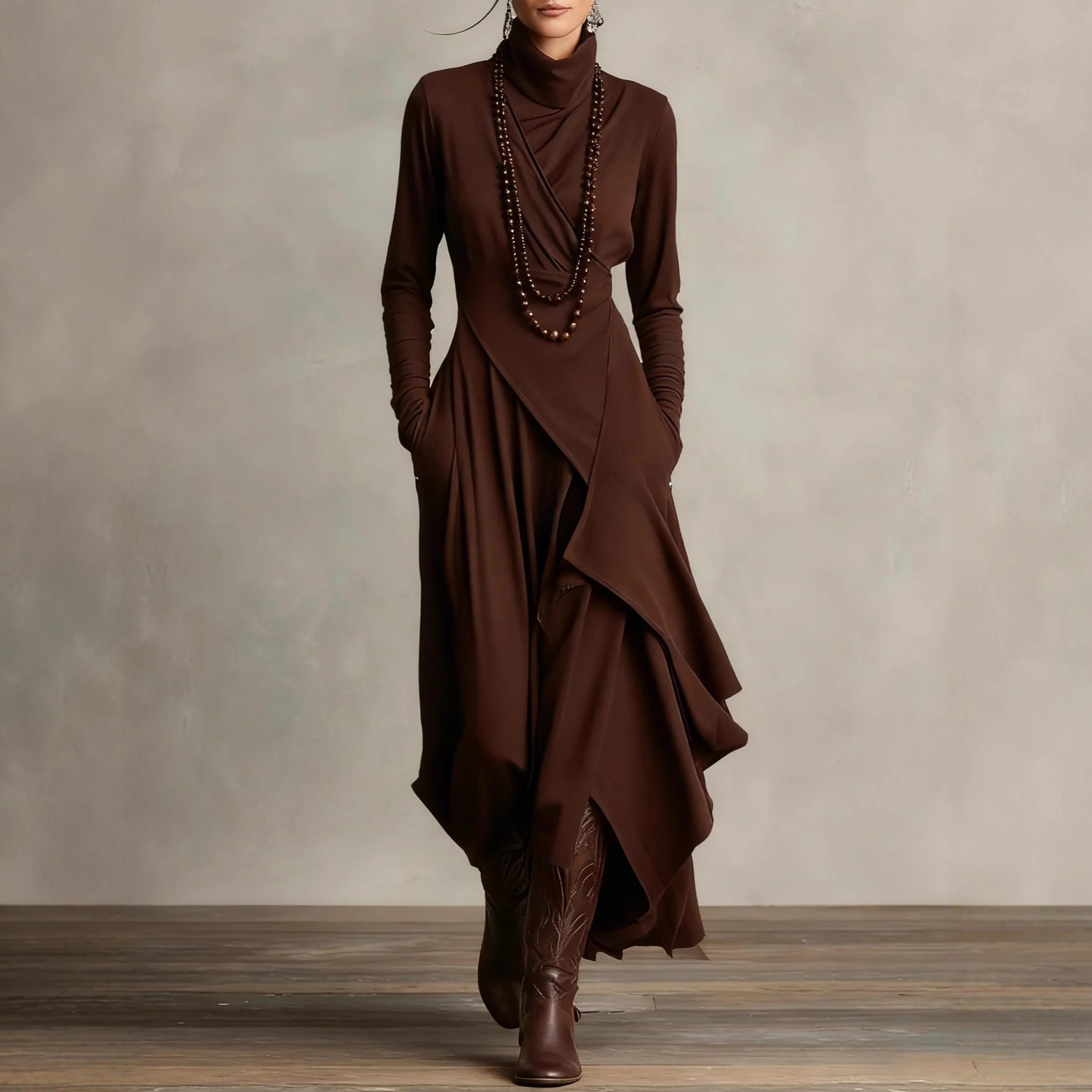 Women's Solid Color Long Sleeve Cross High Neck A-Line Maxi Dress