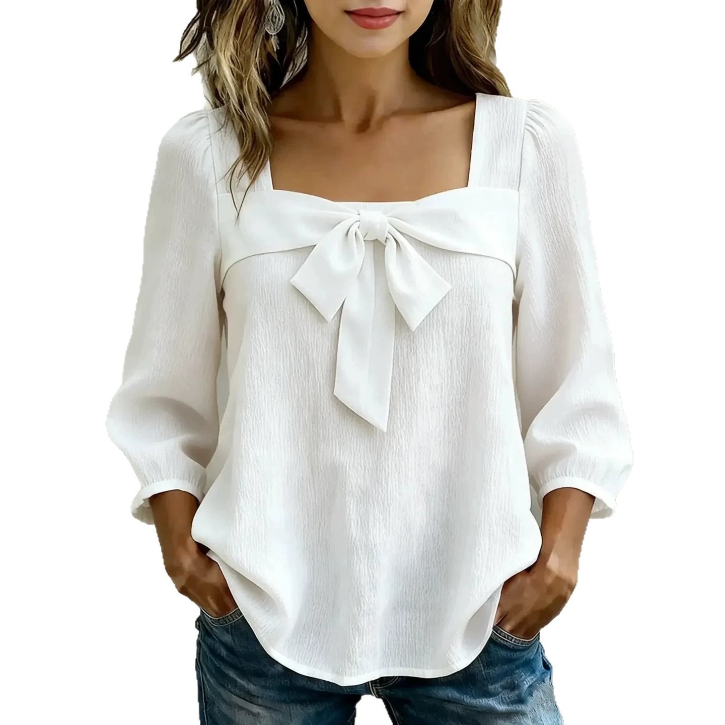 Women's Square Neck Bow Tie Blouse Casual Sweet Top