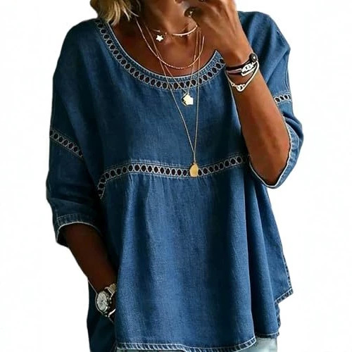Plaid & Solid Print Mid-Sleeve Casual Women's Top