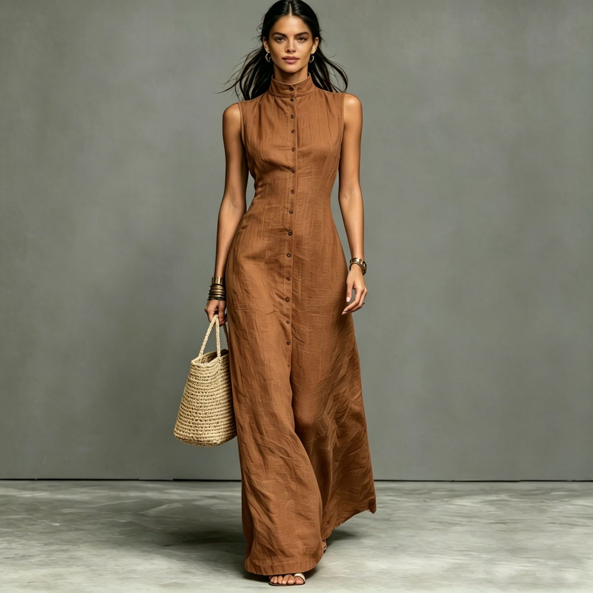 Women's Minimalist Sleeveless Maxi Dress with Stand Collar and Button Front