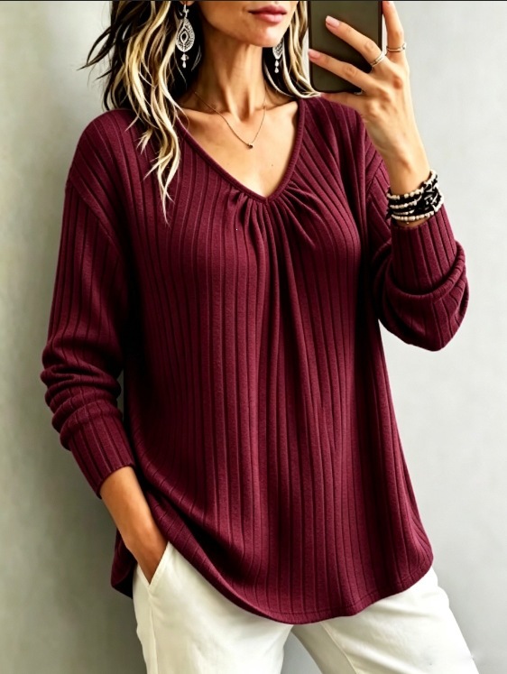 V-Neck Ribbed Brushed Long-Sleeve Loose Casual Top for Women