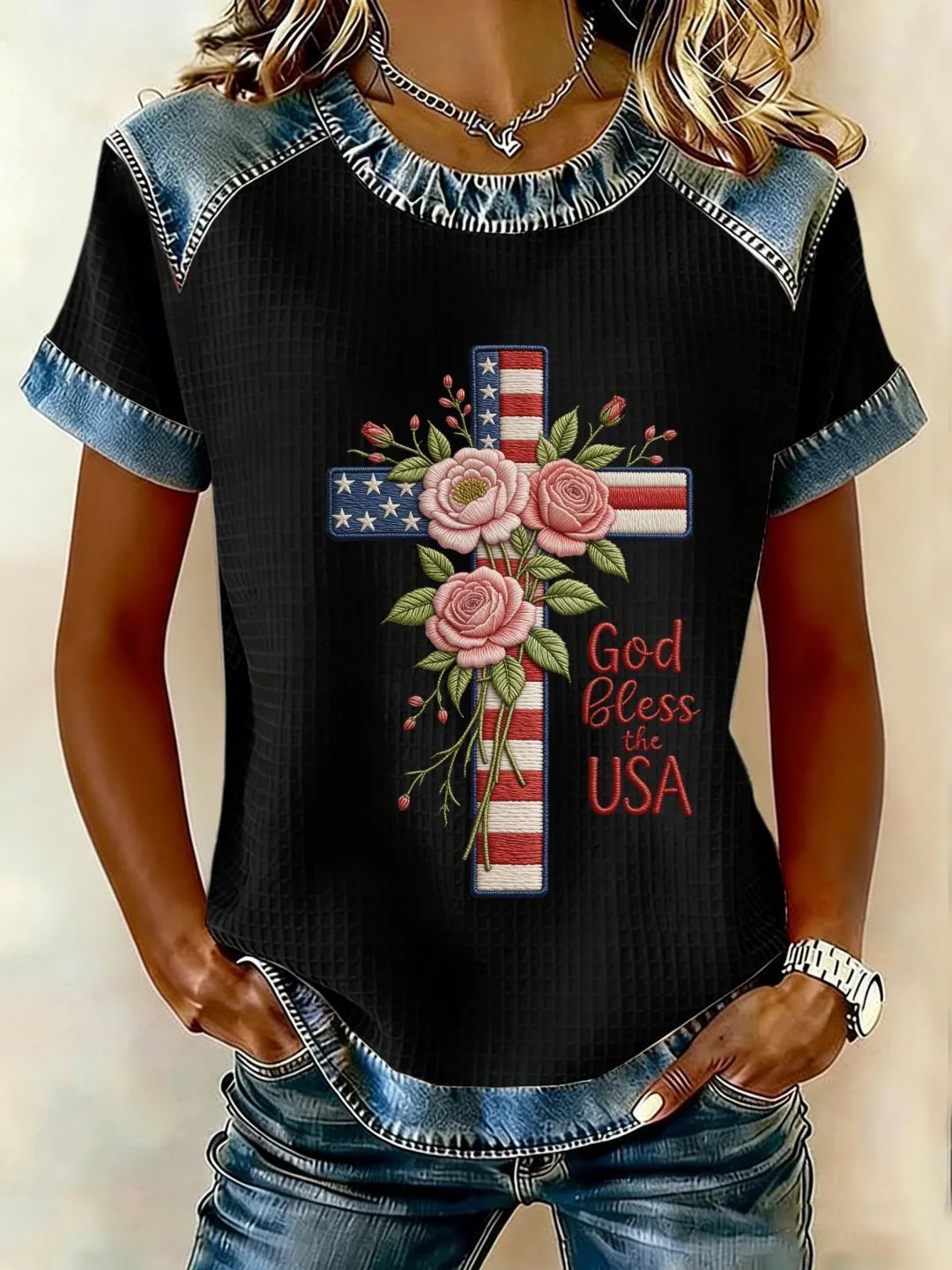 Cross & USA Floral Print Short-Sleeve T-Shirt