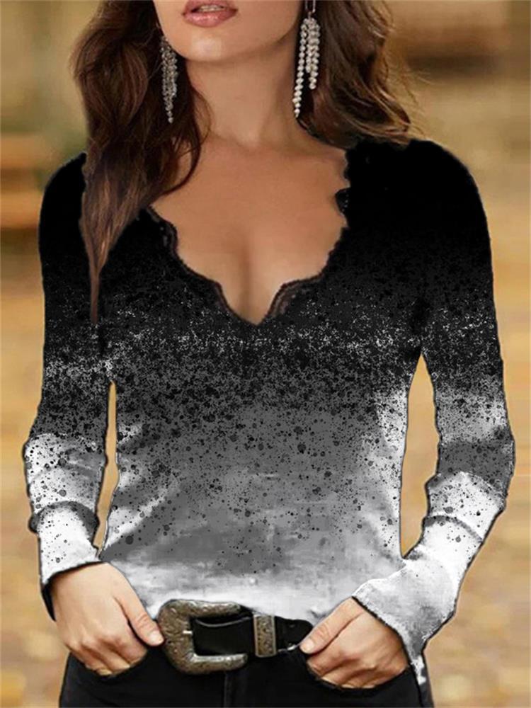 Digital Print Lace Trim V-Neck Long Sleeve Top